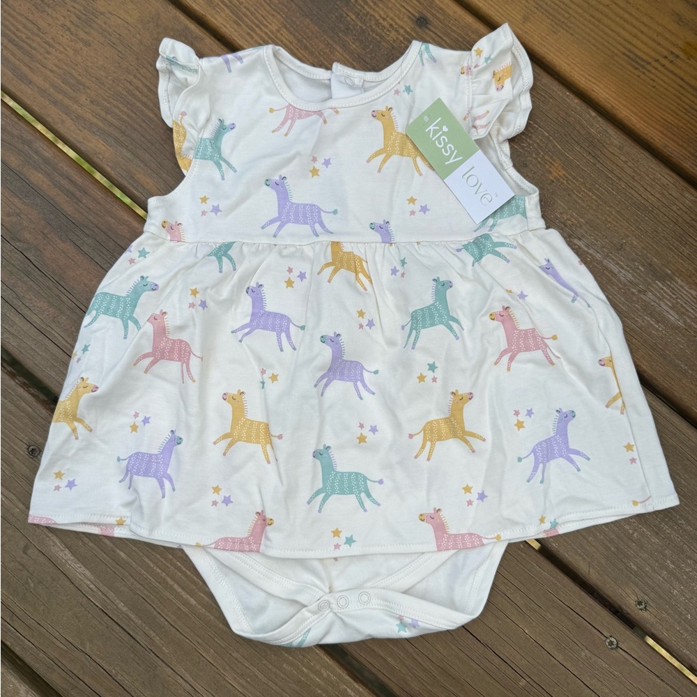 Kissy Kissy White Baby Dress Bodysuit with Colorful Animal Print